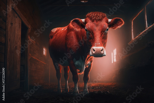 brown cow in stable. generative ai