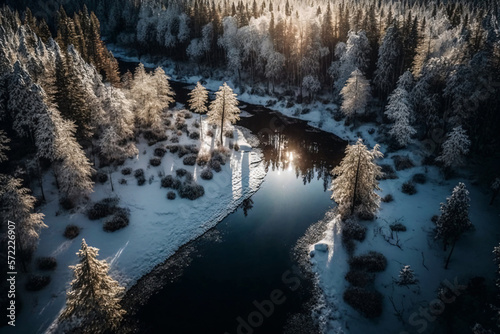 Drone shot of a forest winter landscape. Generative ai. 