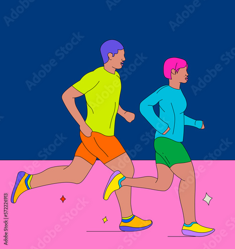 Fotografie Girl and boy running together on a two-tone background (2)