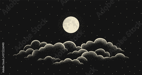 Night starry sky with full moon and cloud. Vector background with cloudy sky, moonlight