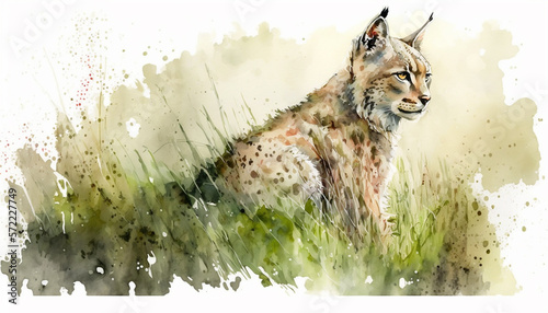 Watercolor painting of lynx on grassy field. Generative AI.