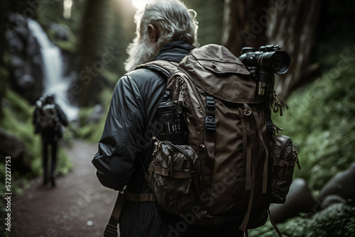 Hiker hiking with backpack outdoors. Generative ai.  © XtravaganT