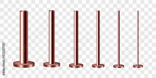 Copper poles on a round base. Set of metal columns. Realistic vector illustration isolated on transparent background.