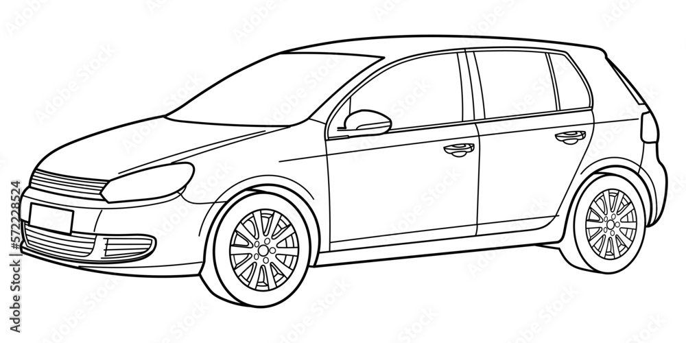 Outline drawing of a sport hatchback car from side view. Classic modern style. Vector outline doodle illustration. Design for print or color book.