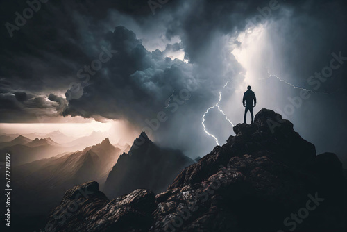 Hiker on top of a mountain with a thunderstorm approaching. Generative ai.  © XtravaganT