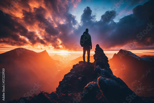 Hiker standing on top of a mountain during sunset. Generative ai. 