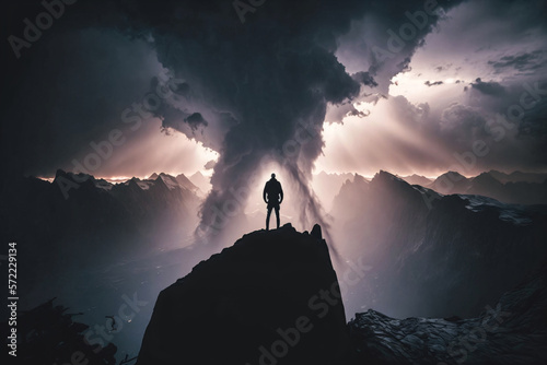 Hiker on top of a mountain with a thunderstorm approaching. Generative ai. 