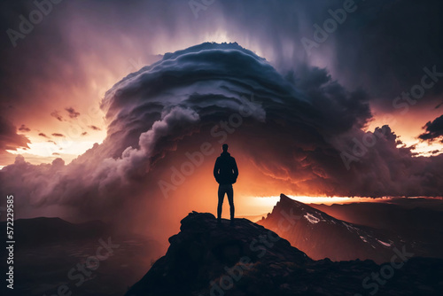 Hiker standing on top of a mountain during sunset. Generative ai.  © XtravaganT