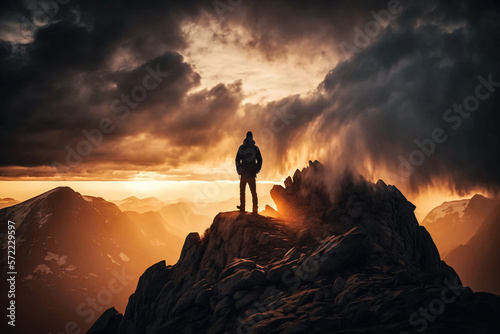 Silhouette of a hiker standing on top of a mountain during sunset or sunrise. Generative ai. 