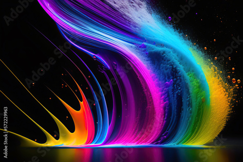 Ilustración generativa de IA de explosión de color con múltiples capas de pintura salpicada en diferentes tonos con  fondo oscuro.