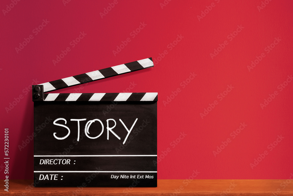 Story. text title on film slate or clapperboard for filmmaker and film industry. - obrazy, fototapety, plakaty 