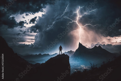 Silhouette of a hiker on top of a mountain during a thunderstorm. Generative ai.  © XtravaganT