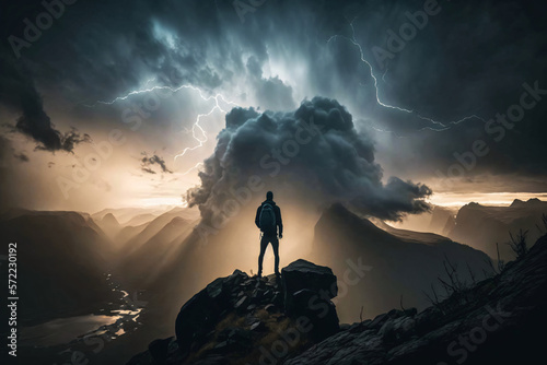 Silhouette of a hiker on top of a mountain during a thunderstorm. Generative ai. 