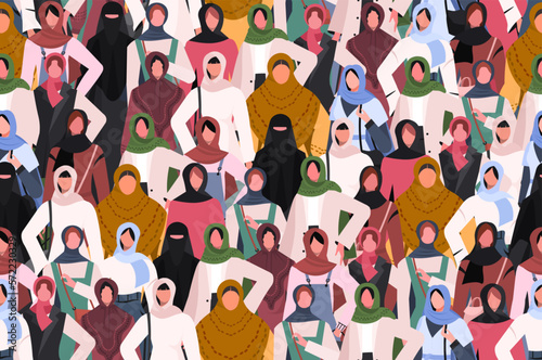 Seamless pattern with modern independent Muslim women. Women empowerment movement pattern. International women's day, women's rights, hijab day.