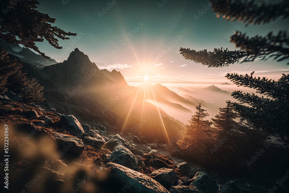 View from a mountain in the morning. Generative ai. View from a mountain in the morning. Generative ai.