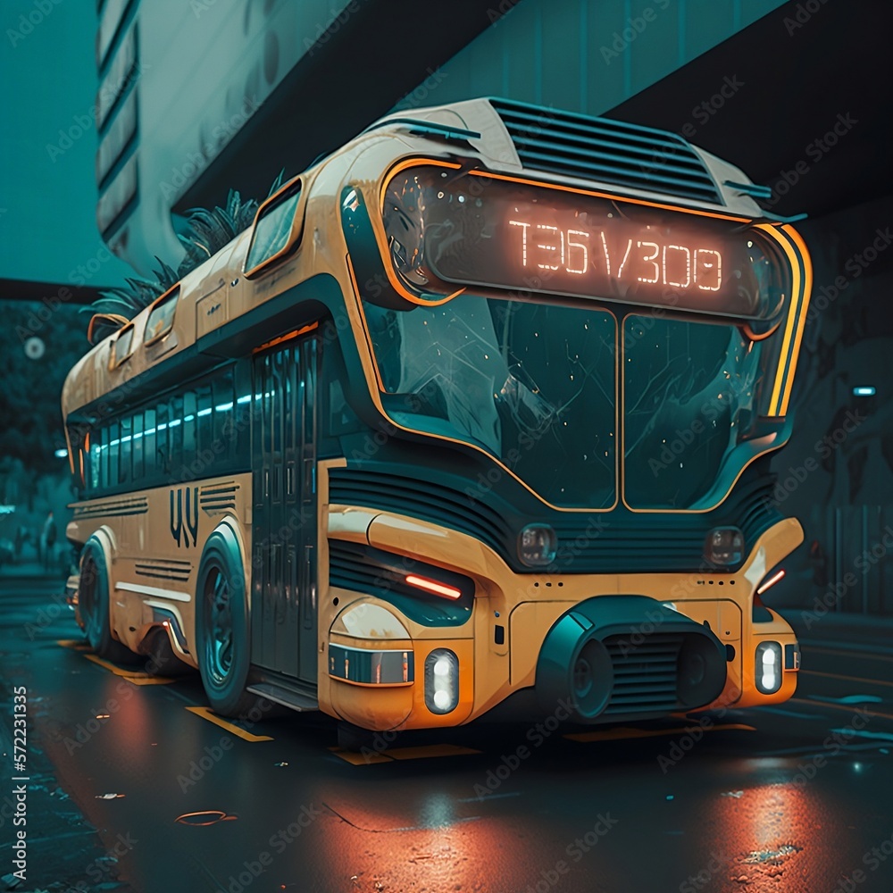 futuristic bus transportation at night with cyberpunk style