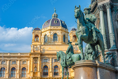 Vienna, Austria - Memorial monument of Maria Theresa at Museums quartier between Art and Nature History museums, with statues, fountains and garden in Vienna historical downtown