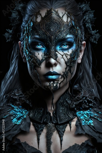 Surreal dark art portrait of a woman with black ornamental mask. Generative ai.  © XtravaganT