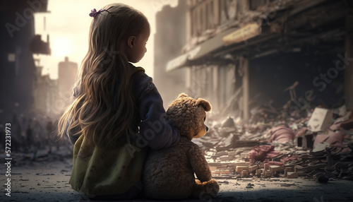 little girl with toy bear watching city destroyed by earthquake. Sad image. space for text. photo