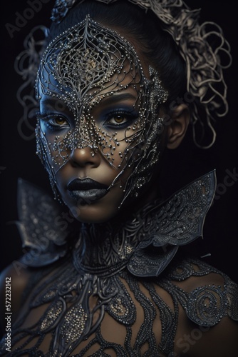 Surreal dark art portrait of a woman with black ornamental mask. Generative ai. 