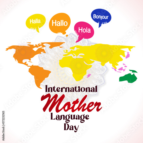 International Mother Language Day. February 21. Inscription Hello in different languages. Template for background