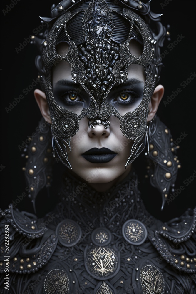 Surreal dark art portrait of a woman with black ornamental mask. Generative ai. 