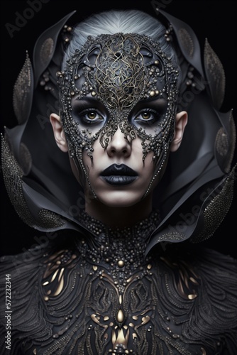 Surreal dark art portrait of a woman with black ornamental mask. Generative ai.  © XtravaganT