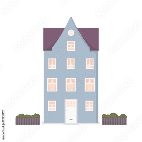 House facade, exterior and greenery outside in European style. Nice country house, cottage, street building. Flat vector illustration isolated on white background