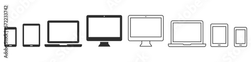 Computer Laptop Smartphone Tablet icon. Device flat and line icons set. Vector