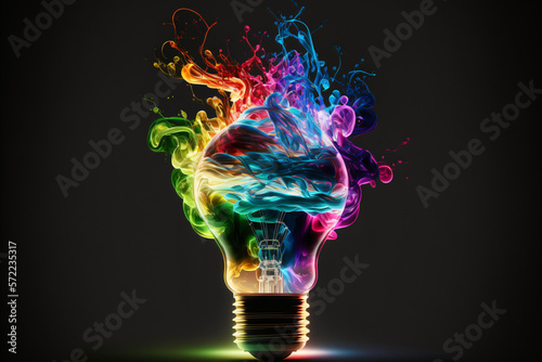 Lightbulb eureka moment with Impactful and inspiring artistic colourful explosion of paint energy, generative ai
