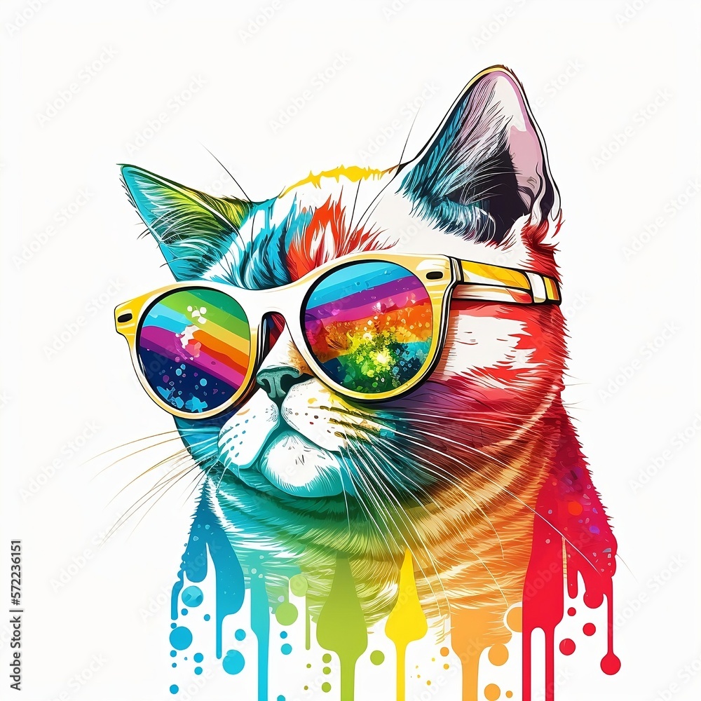 Cat in sunglasses colorful illustration. Generative AI technology.