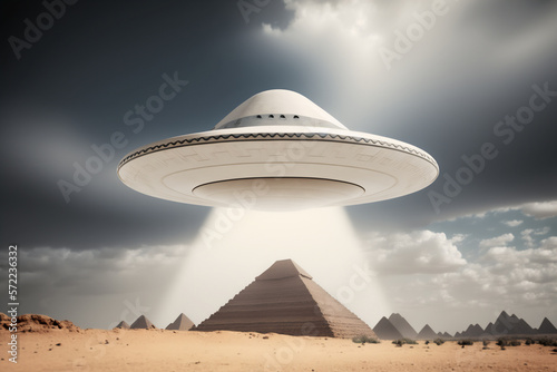 a white ufo flying in the sky light modern future hovering above the pyramid in the desert. made with generative ai