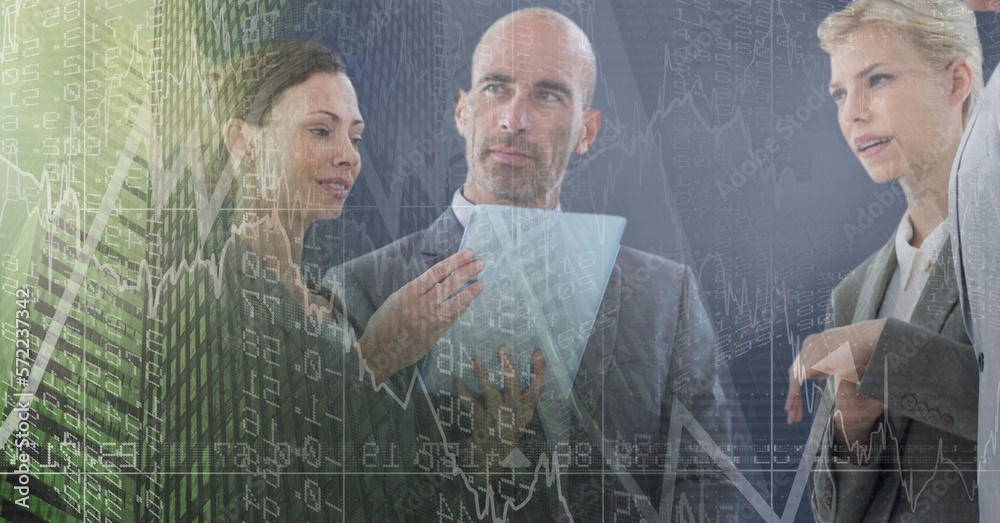 Composition of happy diverse business team in meeting over interface with graph Composition of happy diverse business team in meeting over interface with graph