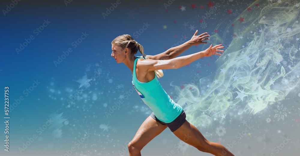 Composition of fit caucasian female athlete running with copy space