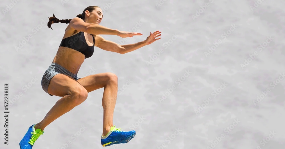 Composition of female female long jumper with copy space on grey background
