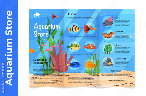 Aquarium store folded promo brochure underwater animal fish accessory retail advertising vector