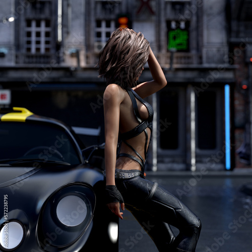 Illustration of a young woman wearing a small outfit leaning against a car on a dark street with one hand in her hair.