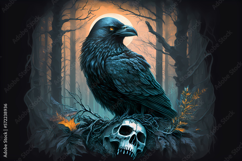 Black Raven Sitting on a Skull scary Halloween background, Spooky black ...
