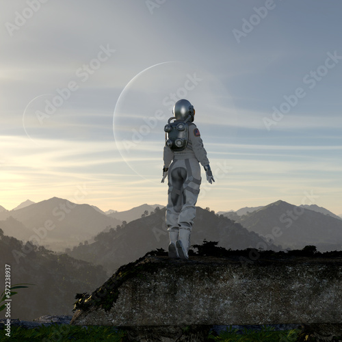 Illustration of a female astronaut standing atop a rock looking at the sky with a moon in the background.