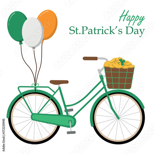 St. Patrick's Day green holiday bike with basket of gold coins and balloons. Isolated on white background. St. Patrick's Day festival theme design.