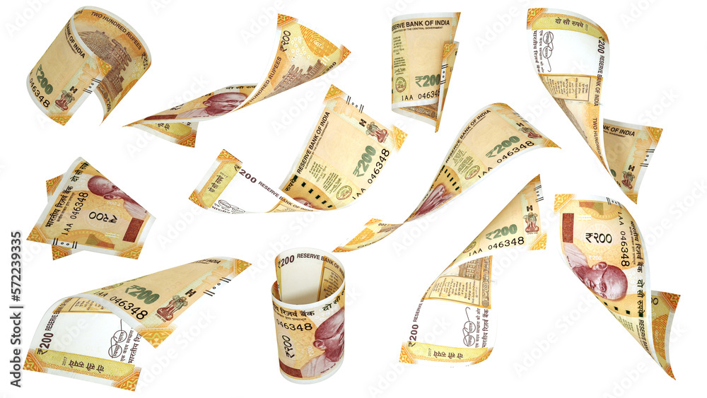 3D rendering of 200 Indian rupee notes flying in different angles and orientations  - obrazy, fototapety, plakaty 