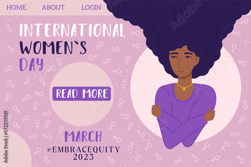 Embrace equity black woman embrace yourself 2023 purple web page landing template.. International womens day concept, self love, self care.