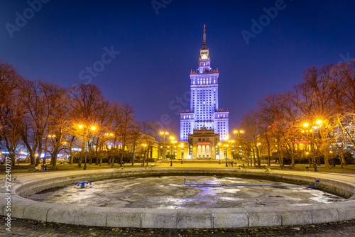 Amazing cityscape of Warsaw with Palace of Culture and Science at night, Poland.