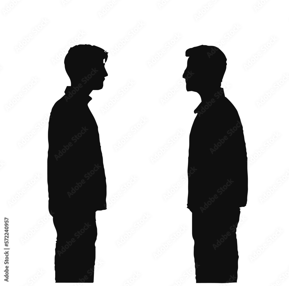 two young men wearing jackets talking, silhouette