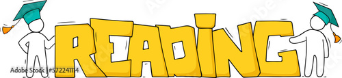 Lettering of reading word with students in hats
