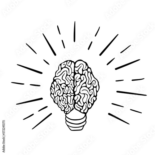 Hand drawn light bulb with brain. Idea concept isolated on white background. Vector illustration.