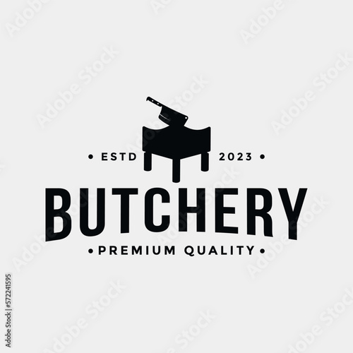 Butchery Shop Logo Design Template. Old fashioned butcher block and meat cleaver knife design.