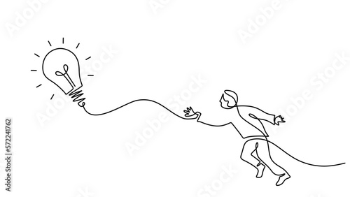 One single line of man chasing big lamp isolated on white background.