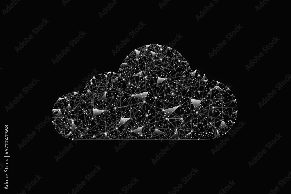 Cloud computing technology. Dots, line and polygonal wireframe cloud storage sign on dark background. big data center, future infrastructure, digital AI concept. Virtual hosting symbol. Cloud computing technology. Dots, line and polygonal wireframe cloud storage sign on dark background. big data center, future infrastructure, digital AI concept. Virtual hosting symbol.