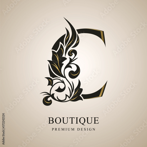 Capital Letter C. Graceful Monogram with Gold Elements. Elegant Style. Calligraphic Beautiful Logo. Vintage Emblem for Book Design, Brand Name, Business Card, Restaurant, Boutique. Vector Illustration